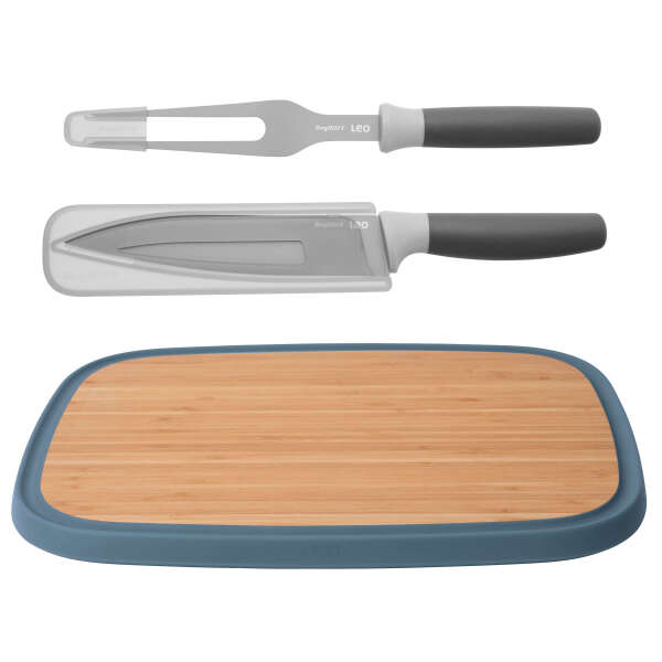 Berghoff Leo 18/10 Paslanmaz Çelik Bambu Kesme Tahtası ve 2 Parça Bıçak ve Servis Çatalı Seti