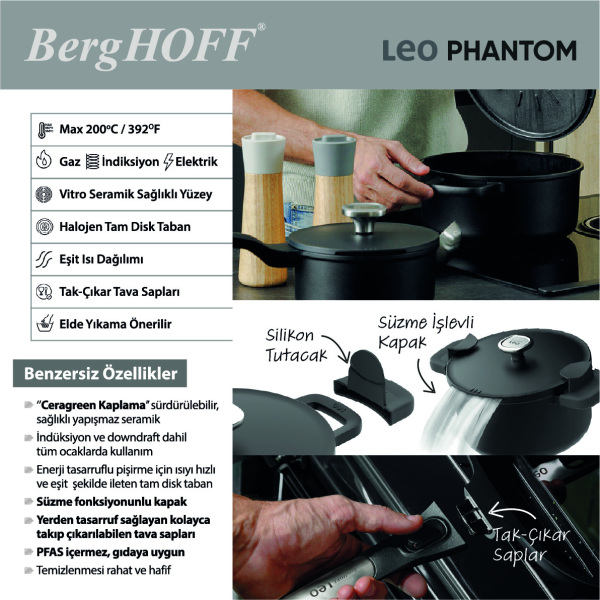 BergHOFF LEO Phantom Yapışmaz Kapaklı Tencere 24 cm - 4