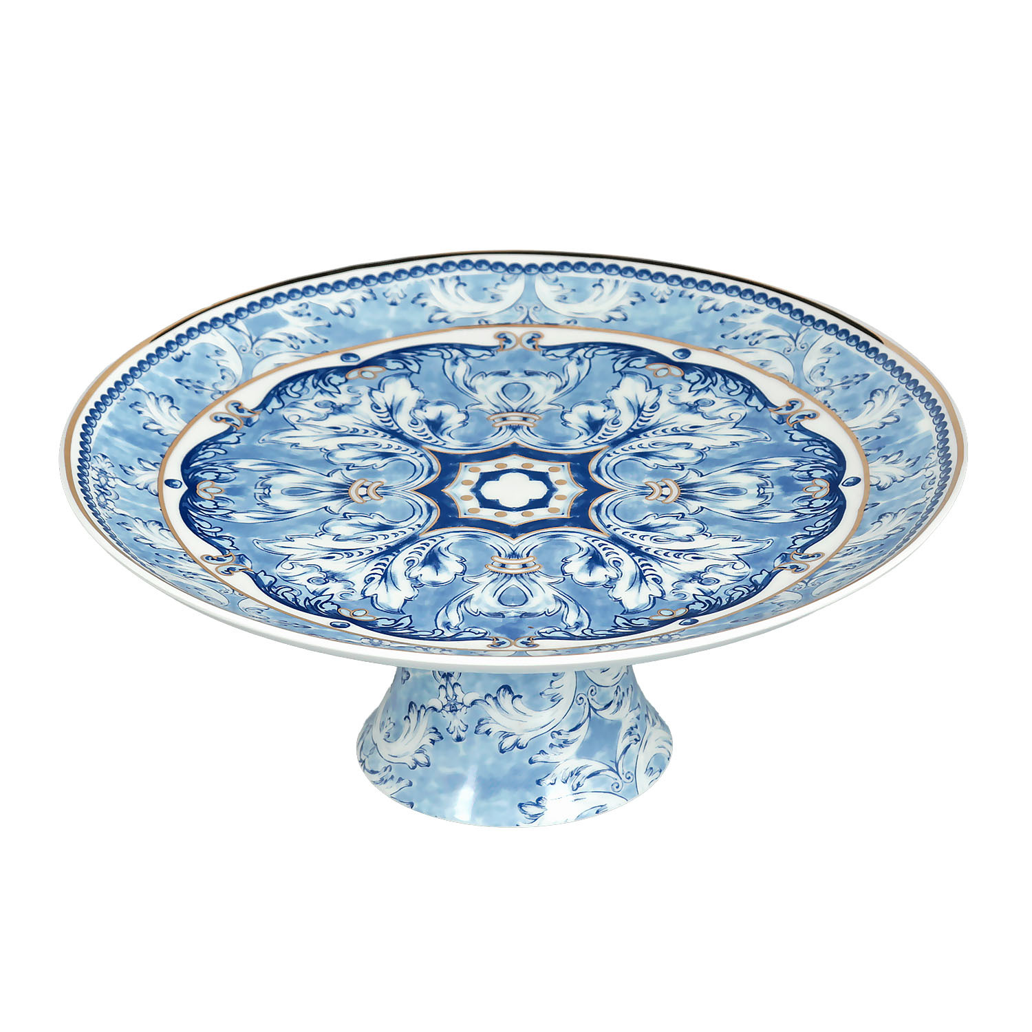 Florance Bone China Mavi Beyaz Ayaklı Kek Standı 27 cm - 2