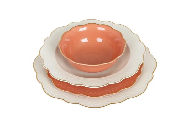 Laurance Krem&Yanık Turuncu renkli New Bone China Yemek Takımı 24 parça - 1